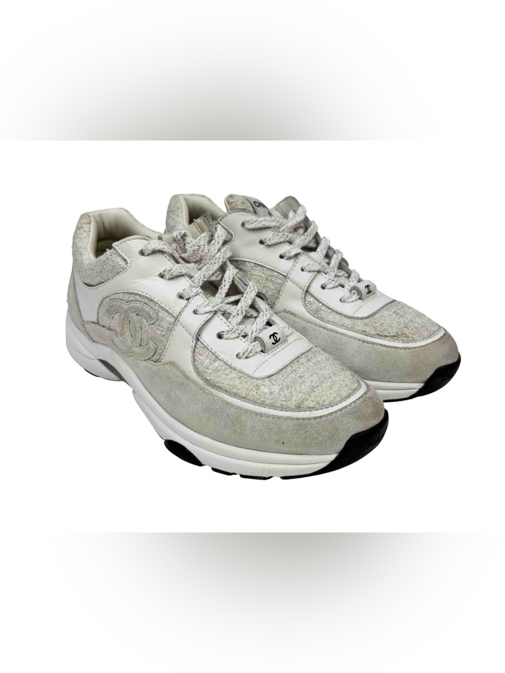 CHANEL White & Tweed CC Logo Trainer Sneakers Size 39 - Picture 7 of 14